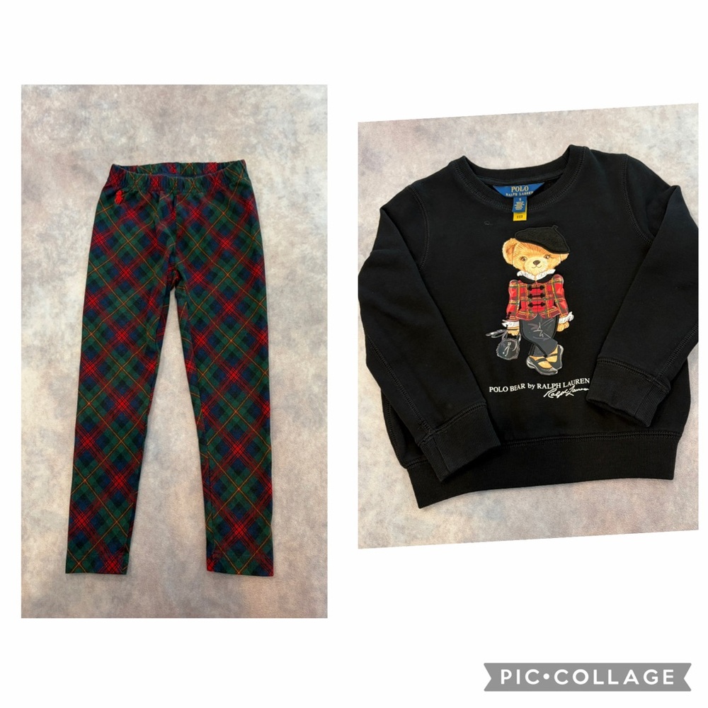 Polo Ralph Lauren Bear Sweater:5/Plaid Leggings:4 Set - Black and Red/Green